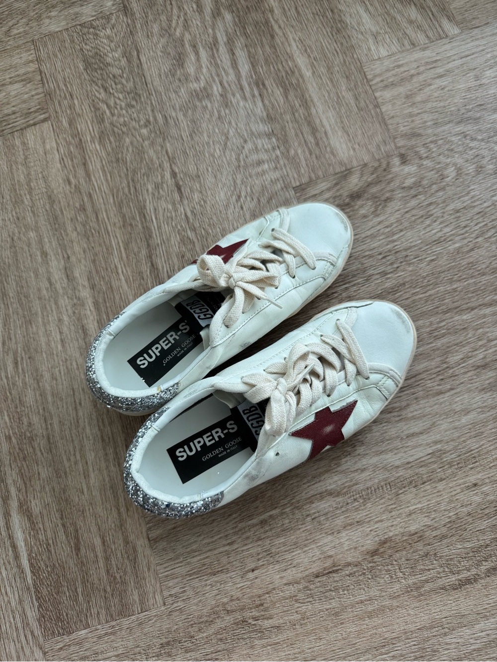 Golden Goose White Sneakers with Red Star and Silver Glitter Heel